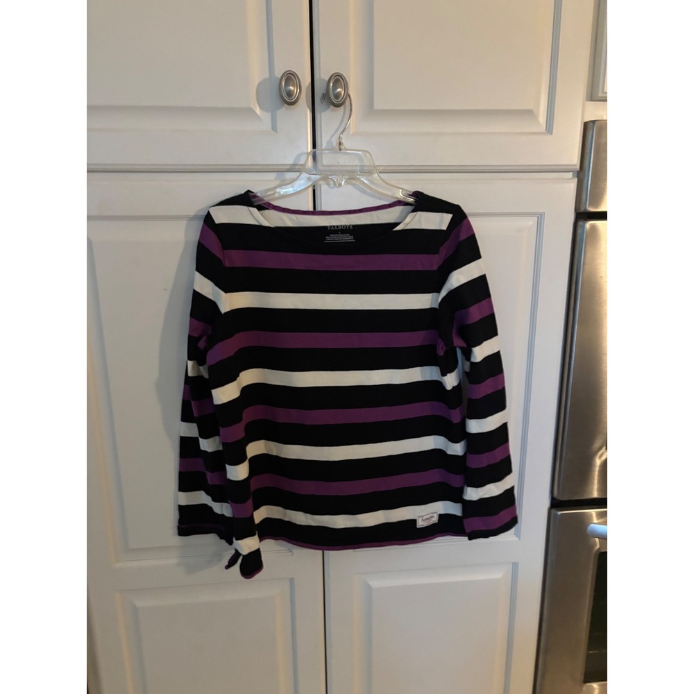 Talbots Womens Large Long Sleeve Cotton Striped Boat Neck Tee Black White Purple